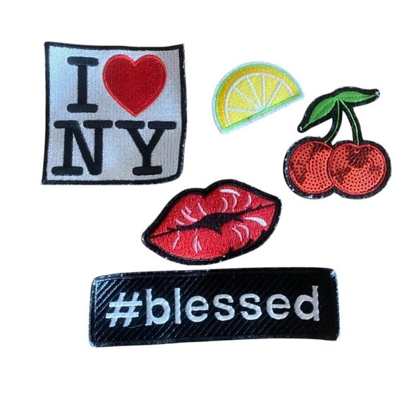 5pc Embroidered Patch Set NY Lemon Cherry Lips Blessed - Picture 1 of 6